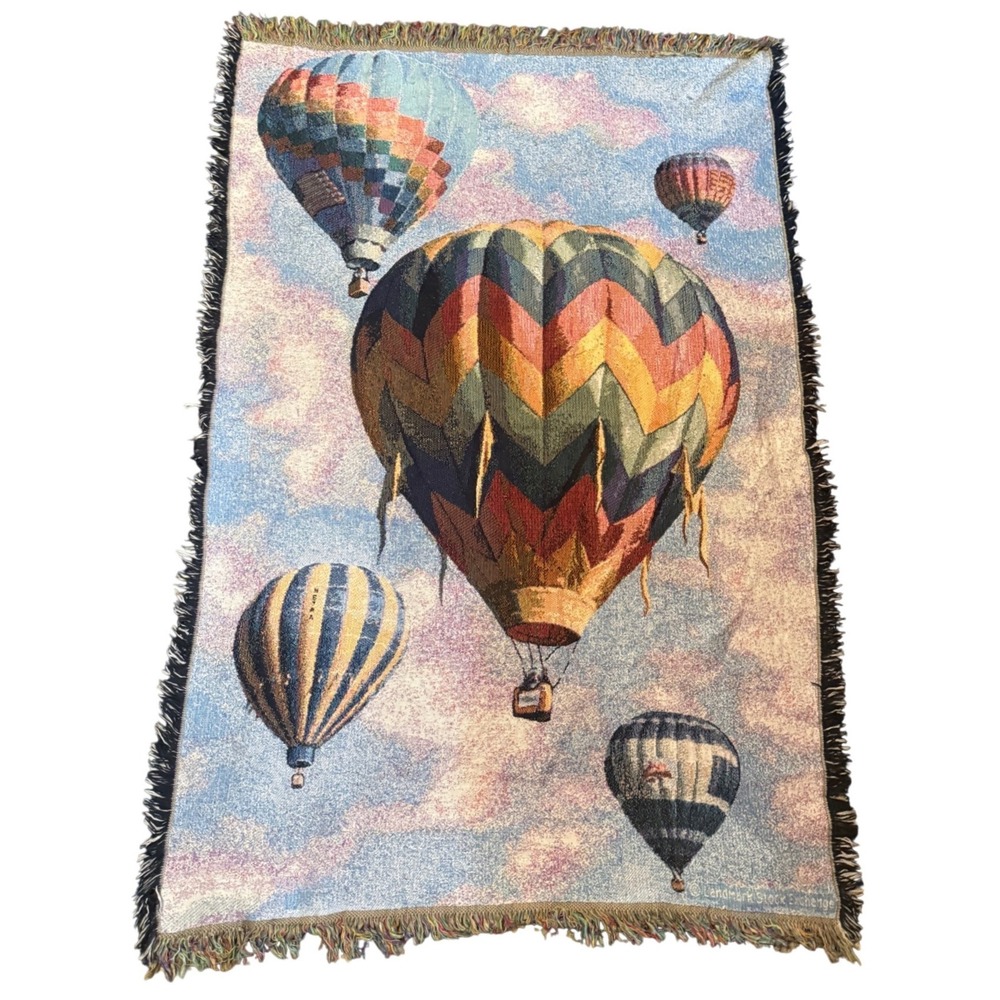 Vintage Goodwin Weavers Hot Air Balloon Woven Cotton Throw Blanket Made in USA